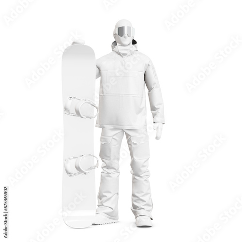 a mannequin with a snowboarder full uniform and a snowboard isolated on a white background © Bruno
