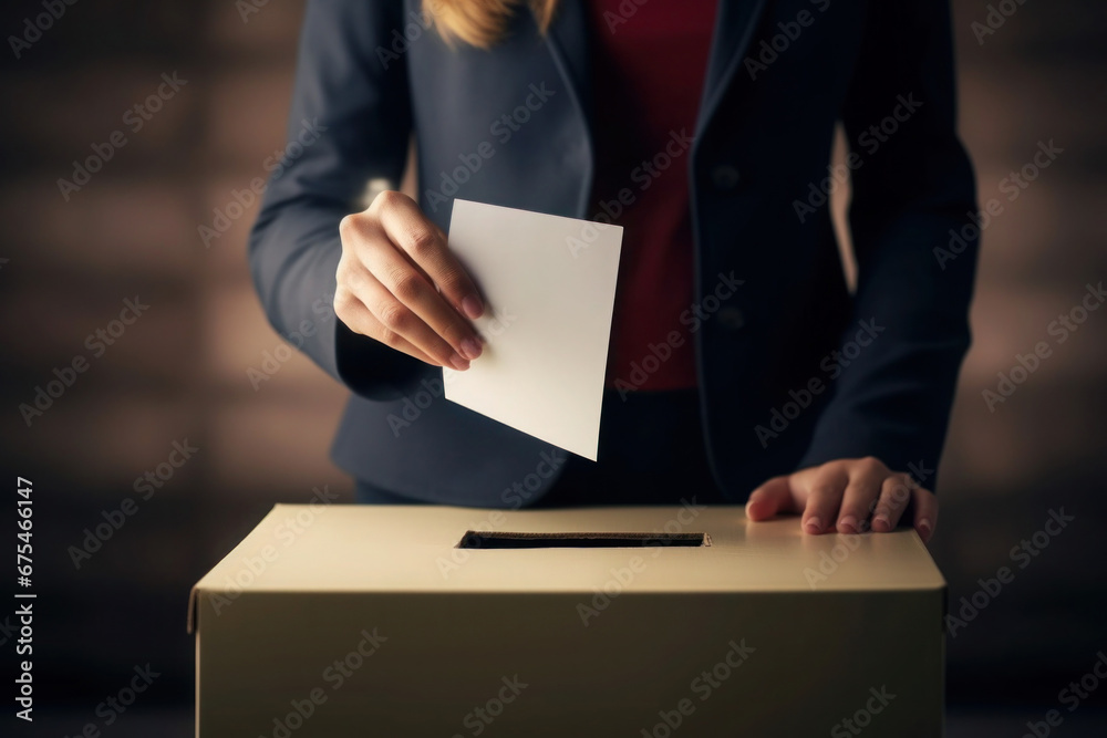 Female voter hand putting bulletin in ballot box. Elections and voting concept Female voter hand putting bulletin in ballot box. Elections and voting concept