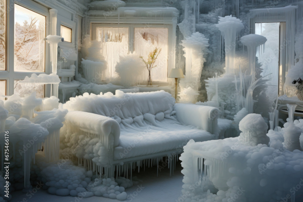 Interior of the frozen living room with furniture covered with ice. Extremely low temperature in apartment in winter season. Rising heating costs due to energy crisis - obrazy, fototapety, plakaty 