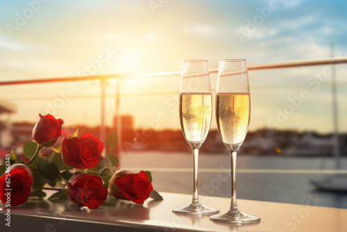 Two wine glasses and bouquet of flowers on cruise yacht. Concept of Valentine's Day and romantic date for couple