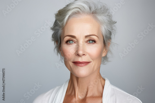 portrait of a stylish senior woman with short grey hair and blue eyes looking at the camera on empty grey background