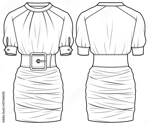 Women belted ruched mini dress design flat sketch fashion illustration drawing with front and back view. Ladies bodycon bandage evening wear. High neck tight dress drawing vector template
