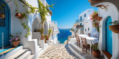 mediterranean coastal town with ocean view, wanderlust and blue sky photo