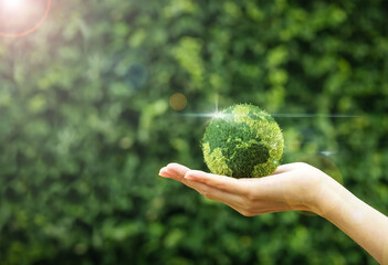 Hand holding a green grass earth globe with light reflection, flare light on natural background for global development.Friendly globe day, environmental management, energy or business concept.Banner.