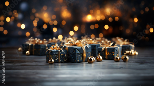 Christmas Gifts. Magical Gift Box: Golden Bokeh on Midnight Blue Background. Christmas gift box on bright bokeh background. photo