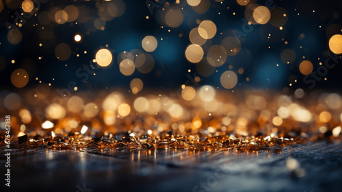 Christmas bokeh with golden sparkles on midnight blue background.
