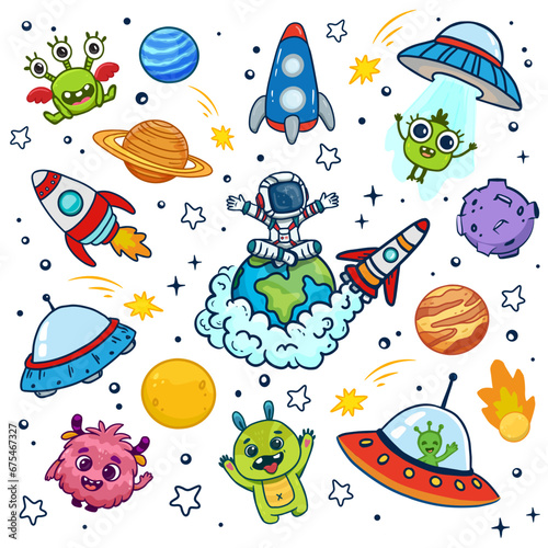 Fototapeta Naklejka Na Ścianę i Meble -  set of cosmos in doodle style: astronaut, planets, stars, rocket and alien, monster for design. Science space exploration. Vector illustration 