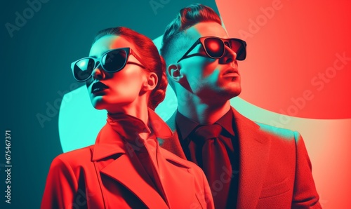 Dual-Tone Glamour : Fashionable Duo in Bold Suits and Sunglasses on Yellow Backdrop photo