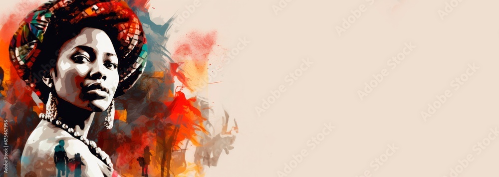 Black History Month colourful abstract illustration. Group of black people, racial equality, civil and justice racism and discrimination, white background, copy space for text, banner card background - obrazy, fototapety, plakaty 