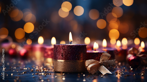 Christmas Magic: Golden Bokeh with Red Candles on a Midnight Blue Background