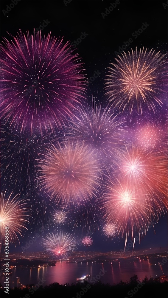 Fototapeta premium Fireworks background in night sky. High resolution background with lighting effect and sparkle with copy space for text. Background images for banner and poster.