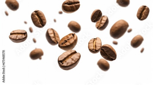 Flying coffee beans in white isolated background