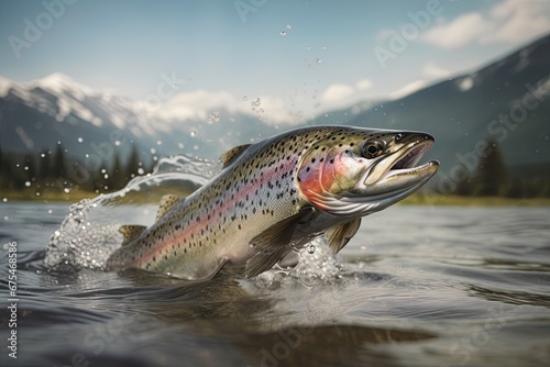 Rainbow trout jumping out of water in Alaskan river. Ai Generative