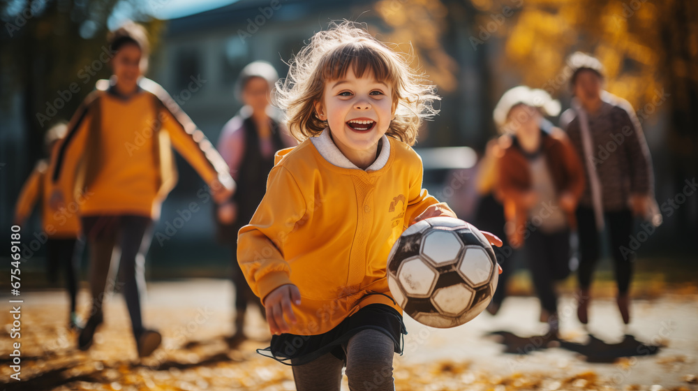 Fototapeta premium Photo of a smiling child at a school stadium playing football with other children.