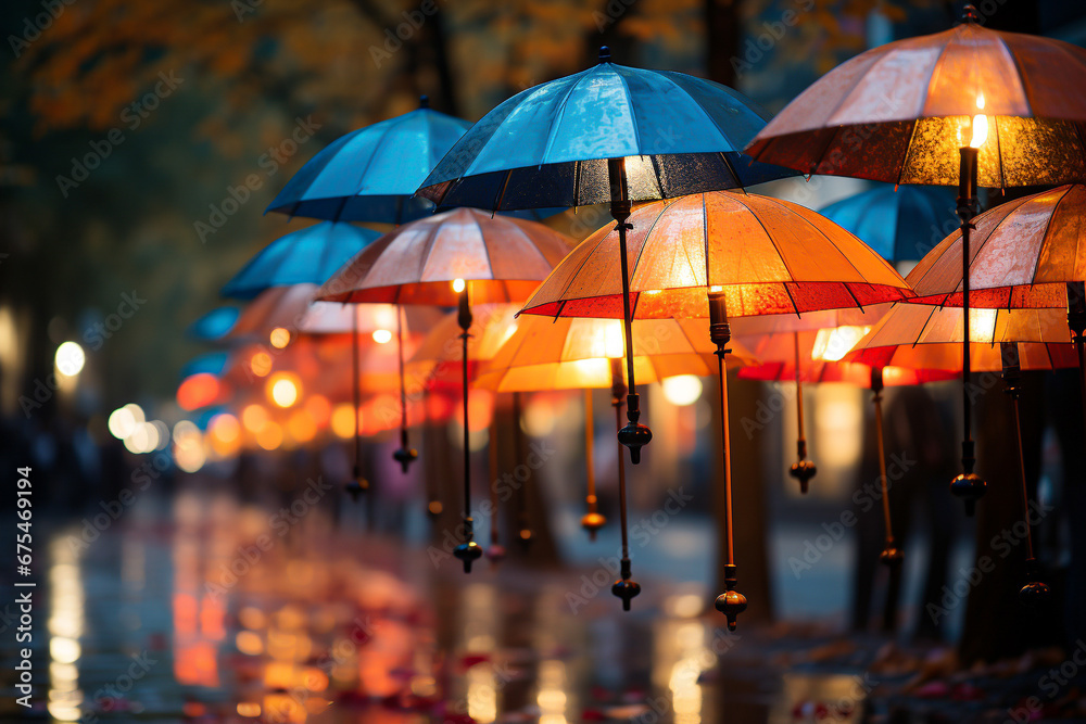 Colorful umbrellas in the rain. Selective focus.