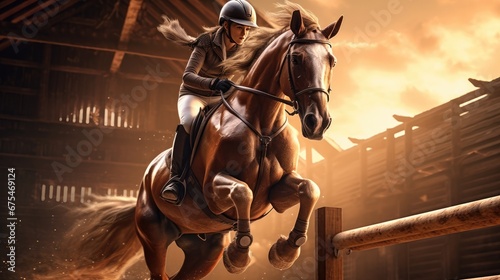 Majestic Horseback Riding: A breathtaking image of a girl jockey riding a powerful stallion, jumping over a crossbar in a rustic farm hangar at sunset.