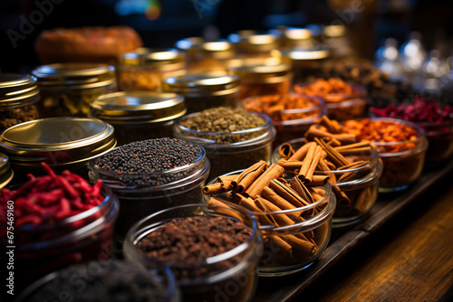 Spices and herbs in glass jars. Food and cuisine ingredients.