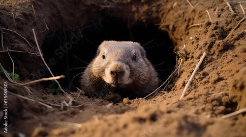 Groundhog (Woodchuck) Popping Out of Burrow, Generative AI © Niko
