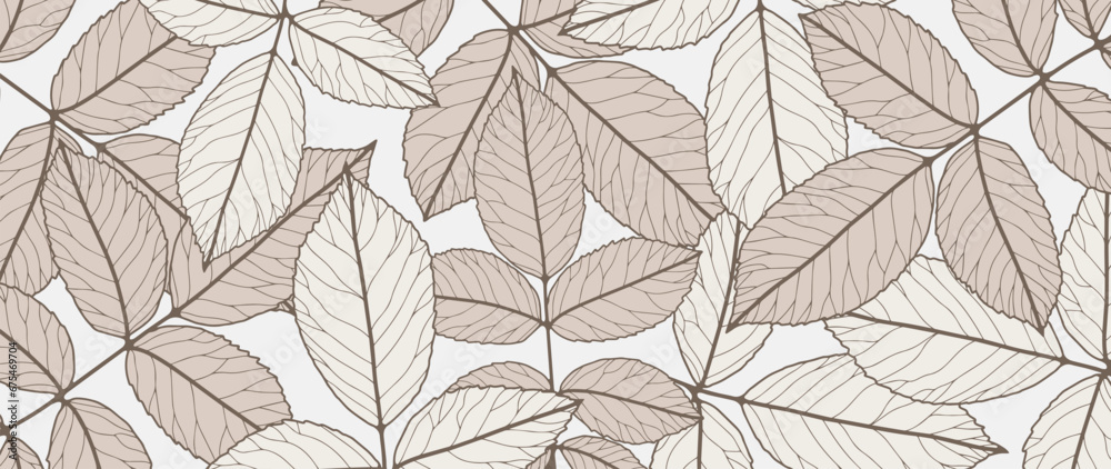 Beige botanical background with branches and leaves. Vector background, postcard, cover, wallpaper