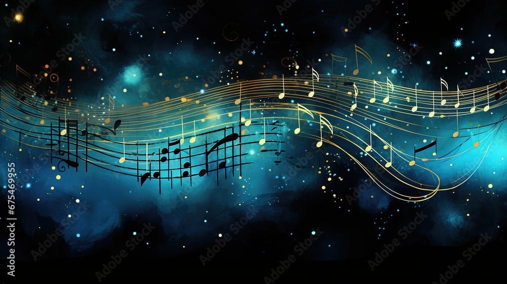 golden musical notes, sound waves, oscillating music, abstract star background - obrazy, fototapety, plakaty 