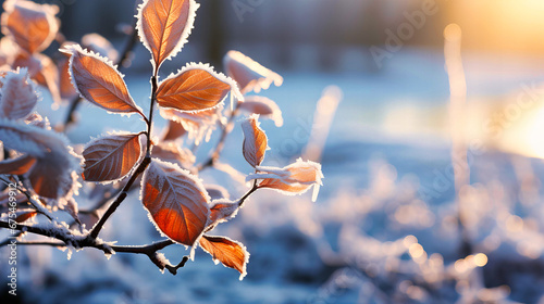 Enchanting cascade of winter light on frost-bitten foliage, a tableau of hope and delicate beauty,