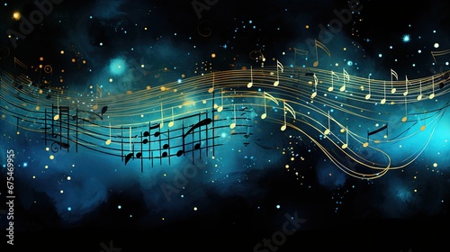 golden musical notes, sound waves, oscillating music, abstract star background photo