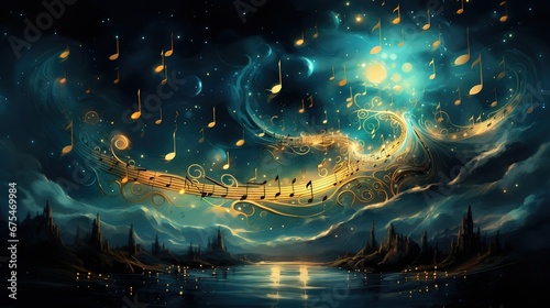 golden musical notes, sound waves, oscillating music, abstract star background