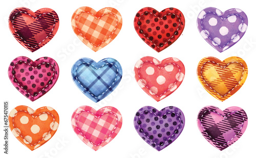 A set of watercolor fabric hearts of different textures and colors vector elements for romantic and valentine concepts. hand made colorful craft hearts.