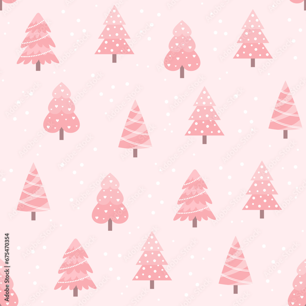 Seamless pattern with pink Christmas trees on a pastel pink background. Flat vector illustration