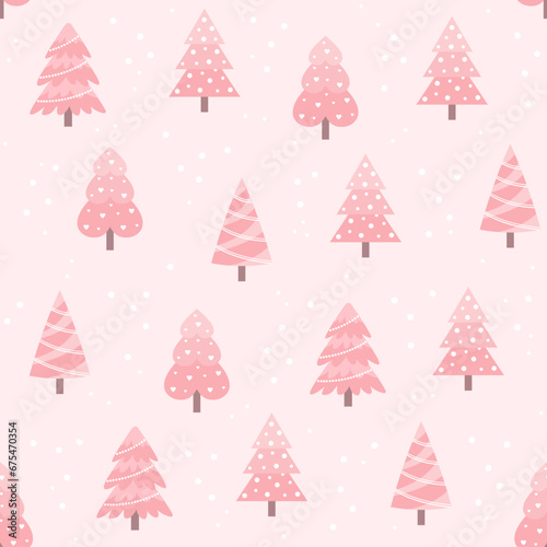 Seamless pattern with pink Christmas trees on a pastel pink background. Flat vector illustration © Alrika 