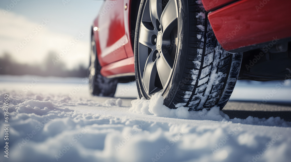 Le pneu d'une voiture équipé d'un pneu d'hiver, avec la neige visible autour de la roue. La voiture est sur une route enneigée.