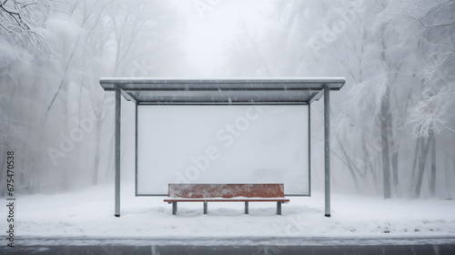 Un arrêt de bus vide dans un brouillard hivernal dense avec des arbres enneigés en arrière-plan. © Gautierbzh