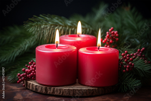 Christmas candles with fir tree branches and berries on dark wooden background.