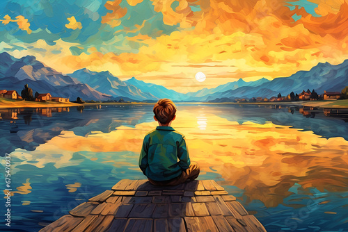 Illustration of a young man sitting on the edge of a lake at sunset