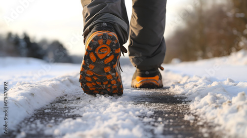 Les semelles de chaussures de randonnée sur un chemin partiellement enneigé, avec un paysage hivernal en arrière-plan. photo
