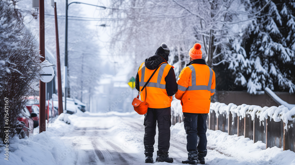 Deux travailleurs de dos en hiver gérant la sécurité d'une rue enneigée