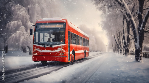 Un bus rouge circulant sur une route enneigée bordée d'arbres couverts de neige dans un paysage avec de la brume.