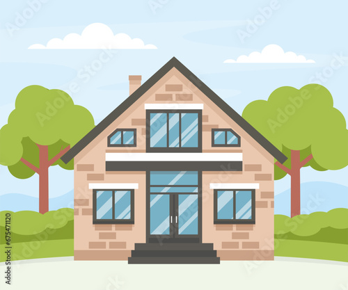 Cozy private house and nature on background. Facade with big windows, door. Modern exterior. Home architecture. Real estate concept. Village style. Flat vector. Cartoon illustration.