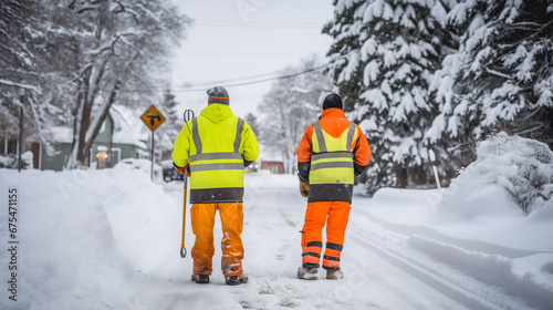 Deux personnes portant des gilets de sécurité orange et des bonnets, marchant côte à côte sur une route enneigée, avec des arbres couverts de neige. photo