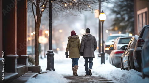 Un couple vu de dos, marchant main dans la main le long d'un trottoir enneigé bordé de lampadaires et de voitures garées, avec des lampadaires en arrière-plan dans une ambiance hivernale urbaine. photo