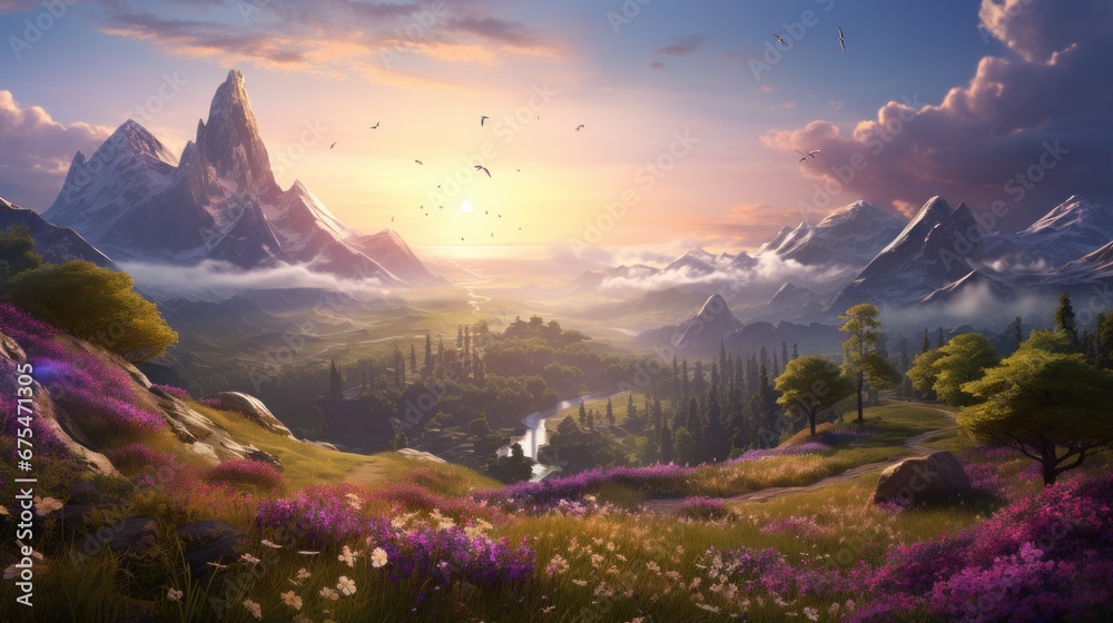 Fantasy landscape art and its profound impact on player engagement and emotional connection to the magical game world - obrazy, fototapety, plakaty 