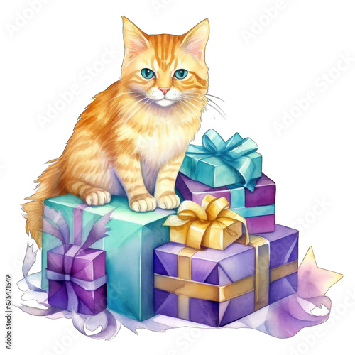 Cue yellow cat sitting on Christmas gifts, teal and purple color tones, watercolor illustration, isolated on transparent background
