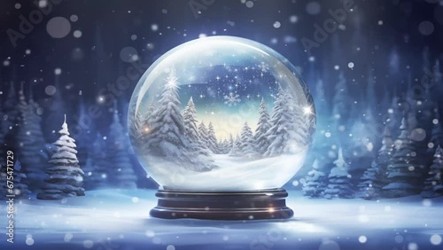 Crystal christmas ball, snowball with snowy Christmas tree and house inside. cartoon or anime watercolor illustration style looping video background