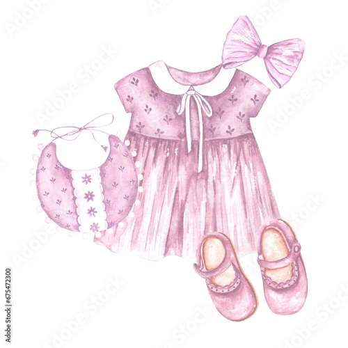 Girl vintage dress watercolor illustration. Little girl. Purple vintage dress, bib, bow, baby shoes. Birthday, baby shower. Boho. Illustration isolated. For printing on invitation, card, sticker