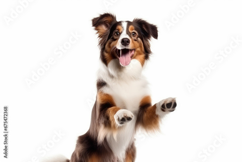 Funny australian shepherd puppy dog standing on hind legs. Cute brown playful dog or pet isolated on transparent background