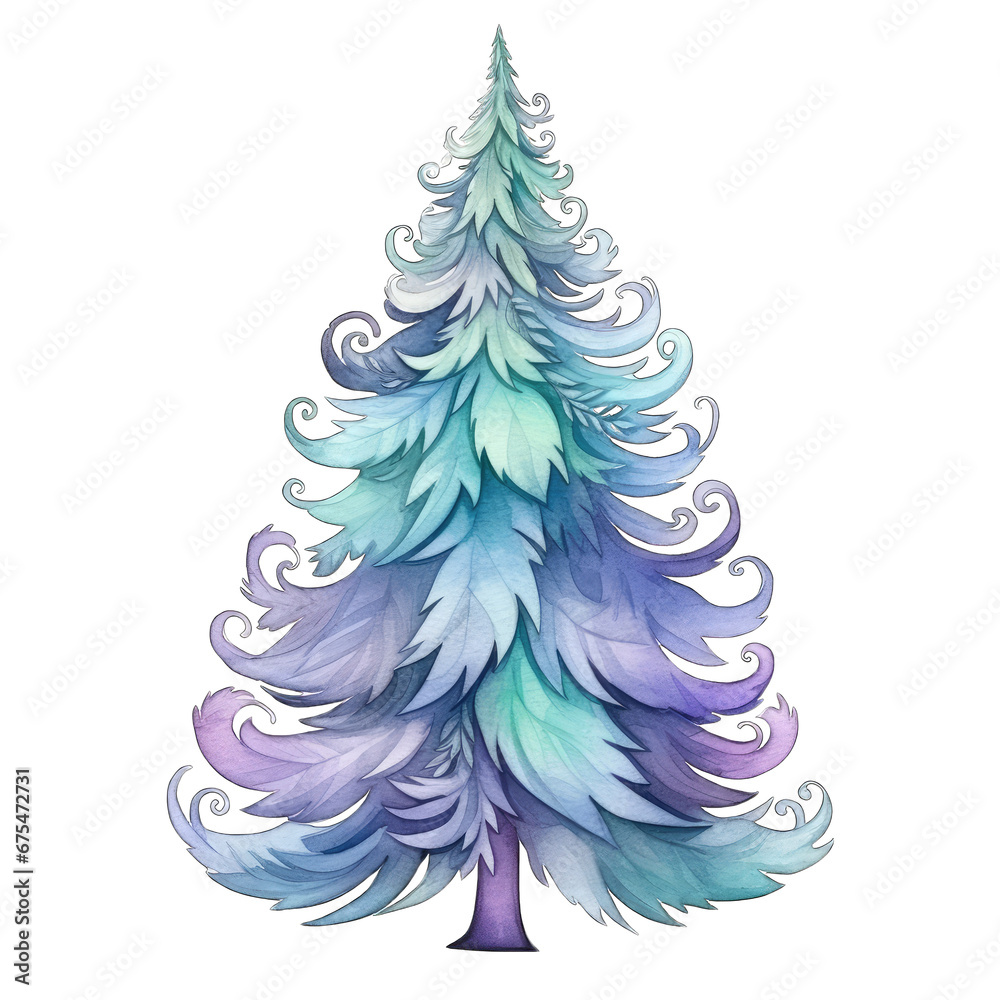 Christmas Tree - teal and purple color tones, watercolor illustration, isolated on transparent background