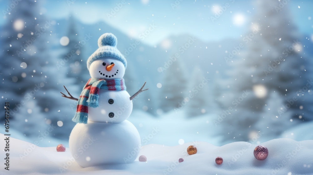 3D Winter Christmas Background with Snowman: Bring the magic of the season to your designs with a snowman set in a snowy winter landscape.
