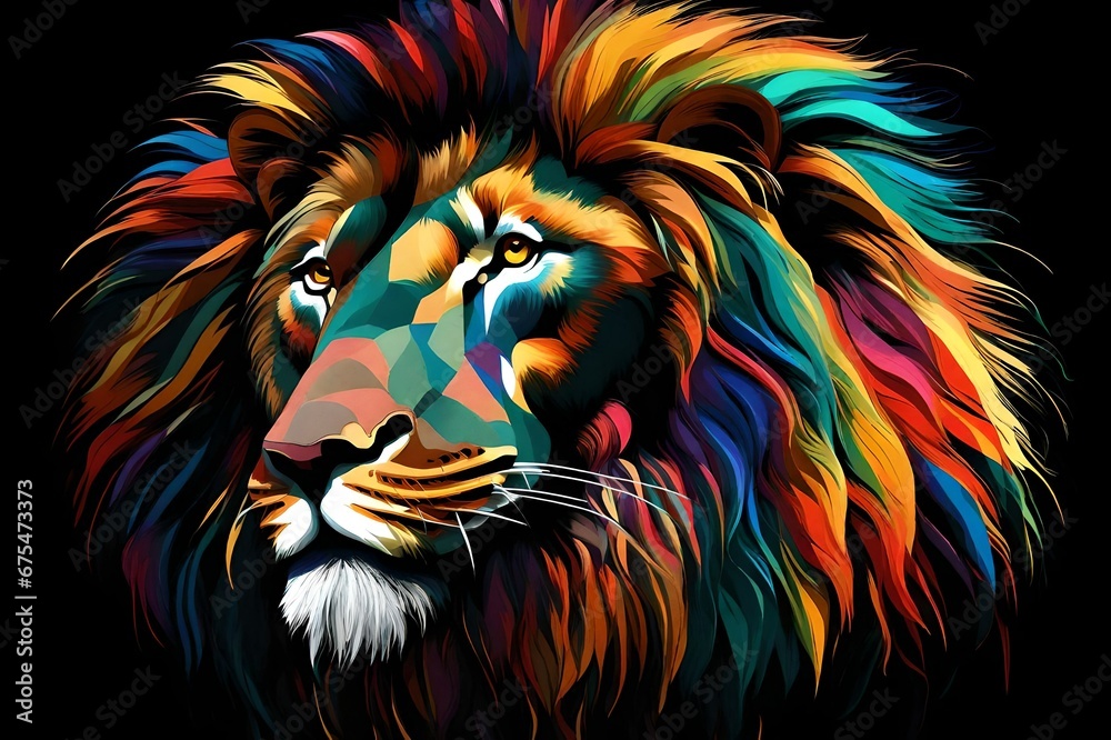 a multicolored lion's head on a black background. Generative AI