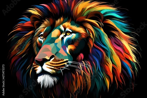 a multicolored lion s head on a black background. Generative AI