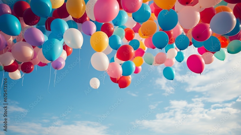 Colorful balloons in various shapes and sizes suspended in mid-air